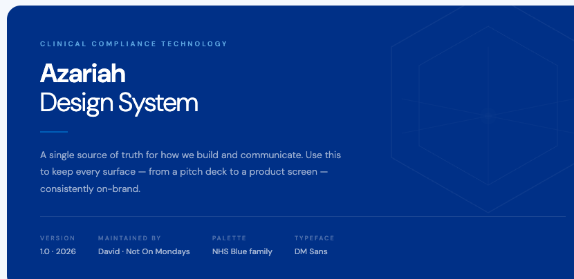 Azariah Design System portal — version 1.0, 2026. Maintained by David at Not On Mondays. NHS Blue colour palette. A single source of truth for how the team builds and communicates.